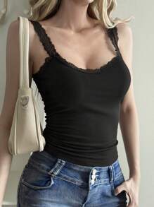 Livesso 女式秋季新款时尚撞色蕾丝修身吊带背心 - 黑色 - 查看 7