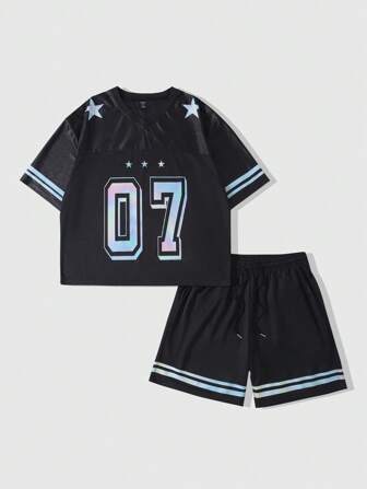 Street Life Men's Colorful Number Pattern Glossy Fabric Splice Mesh Activewear T-Shirt Set