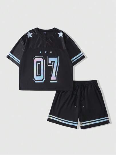 Prep Men's Colorful Number Pattern Glossy Fabric Splice Mesh Activewear T-Shirt Set