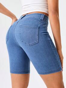 Flexra 女式口袋紧身休闲百搭牛仔短裤 - 淺色水洗藍 - 查看 3
