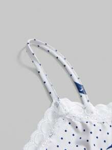 ROMWE Dark Gothic Sun, Moon, Star & Cat Floral Lace Trim Spaghetti Strap Shorts Pajama Set, Casual - White - View 3