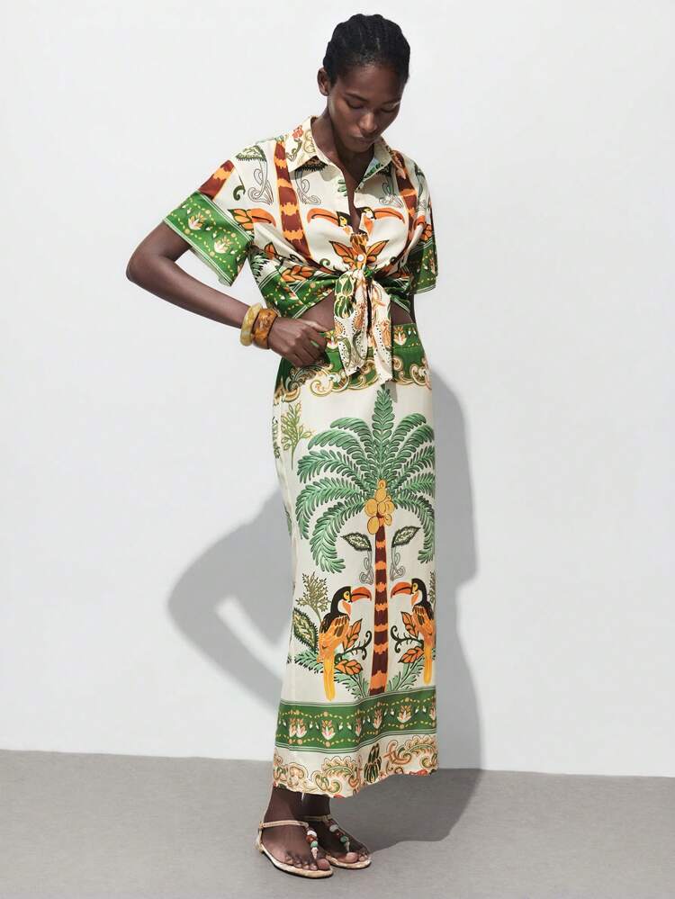 SHEIN Maija Jupe imprimé tropical pour femme, jupe tropicale, jupe toucan, vêtements d'automne