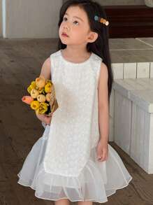 SHEIN Abito elegante in stile coreano da ragazza, senza maniche, con scollo tondo, decorato con ricami e inserti in organza, adatto per l'estate - Bianco - Visualizzare 1