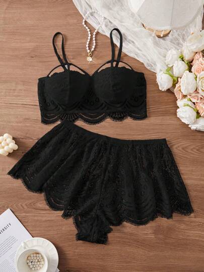 Plus Size Sexy Revealing Lace Bra Top And Shorts Pajama Set
