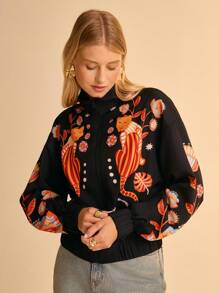 CAJUNI Women's Floral Print Long Sleeve Zip Front Lightweight Jacket In Fall/Winter - Black - View 8