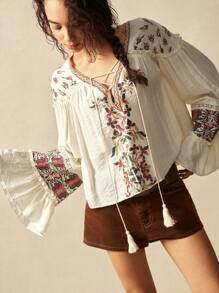 Bohemela 女士V领刺绣休闲度假衬衫