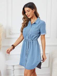 SHEIN Essnce Rochie de vară casual din denim cu talie cu șnur și nasturi în față