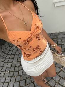 Sunnyshic 橙色吊带珠绣褶饰前襟吊带背心