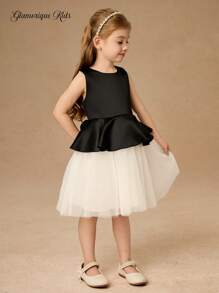 Glamorique Kids Young Girl Princess Style Contrast Color Contrast Mesh Slip Dress, Vintage Elegant Summer Dress - Black - View 4