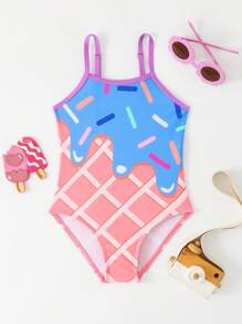 小女孩冰淇淋印花连体泳衣 - 彩色 - 查看 6