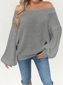 SHEIN LUNE Áo len đan ấm áp hở vai tay đèn lồng cho nữ, mùa thu/đông - Xám - Xem 3