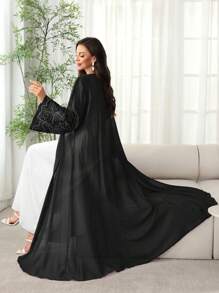 SHEIN Najma Spring/Summer Loose Viscose Maxi Abaya With Pearl Embroidered Floral Trim, Open Front & Cuffs - Black - View 2