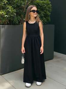 SHEIN Tween Girls' Black Camisole Dress, Casual Daily Versatile Fashionable Outfit - Black - View 1