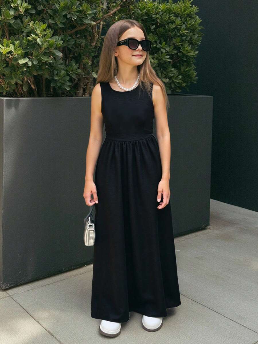SHEIN Tween Girls' Black Camisole Dress, Casual Daily Versatile Fashionable Outfit - Black - View 1