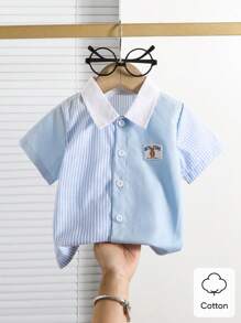 Infant/Toddler Boys Blue White Stripe Short Sleeve Button Down Shirt,Cute Summer Casual Clothes For Party,School,Vacation,Family Matching - Blue - View 2