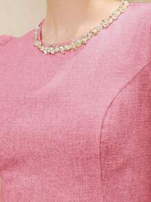 GENKIRA Đầm mini cổ tròn tay lửng đính pha lê tinh tế kiểu Pháp thanh lịch mới, phong cách đơn giản tinh tế thích hợp cho hẹn hò - Hồng - Xem 7