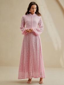 Anewsta Vestido largo de mujer con mangas de encaje color borgoña - Rosa - Ver 6