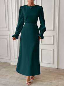 EURMUSE Frenchy Frill Sleeve Maxi Dress With Lining - Green - View 3