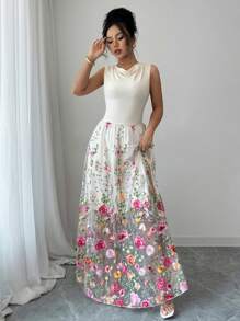 Elenzga Women's Elegant Knitted Elastic Fitted Sleeveless Draped Neck Waisted A-Line Embroidered Mesh Lace Patchwork Long Maxi Dress, Casual Fashion Summer - Multicolor - View 4