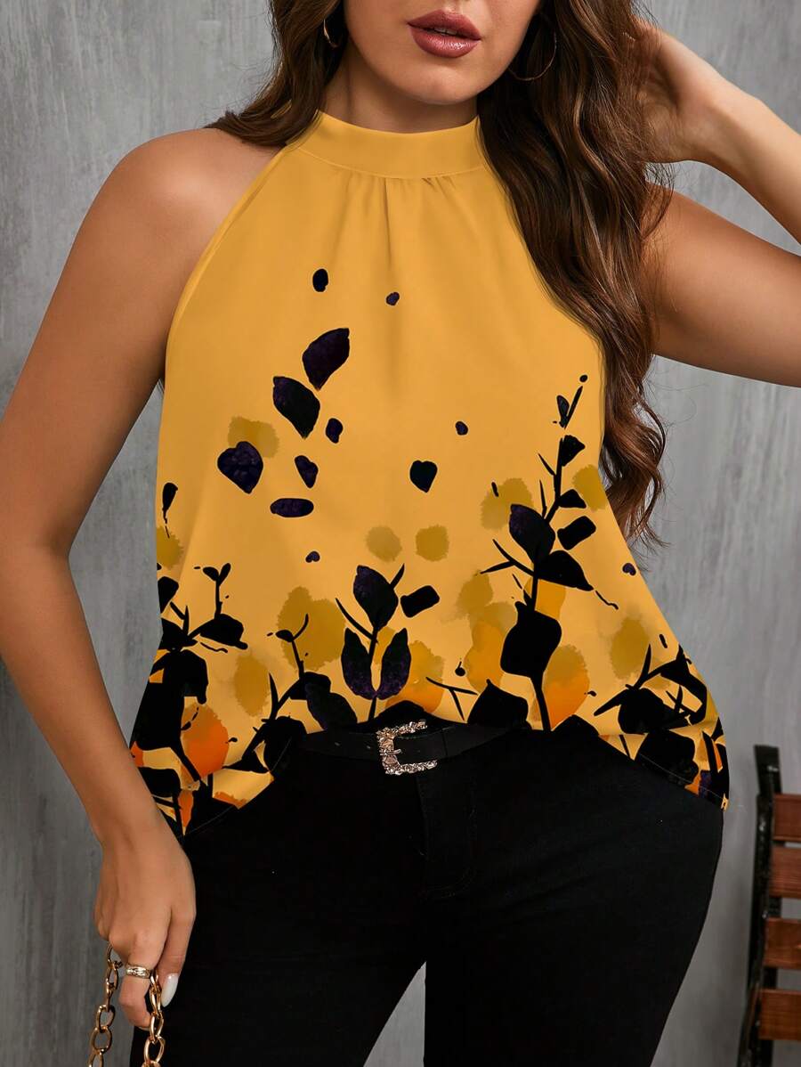 SHEIN Clasi 大码女式休闲树叶花卉印花衬衫，适合夏季 - 彩色 - 查看 1