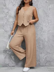 SHEIN Tall CURVE Conjunto de 2 piezas talla grande: Pantalones largos de estilo chaleco informal - Albaricoque - Ver 3