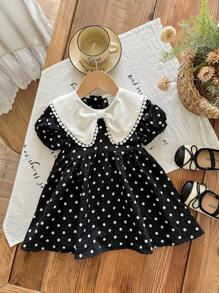 SHEIN LMoss Kids Babygirl 可爱夏季格子花卉图案彼得潘领连衣裙 - 黑與白 - 查看 3