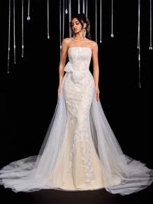 Glamrae Elegant Luxury Lace Splice Mesh Mermaid Tail Bridal Gown Flounce Long Train Wedding Dress Suitable For Wedding, Party, Prom - Beige - View 1