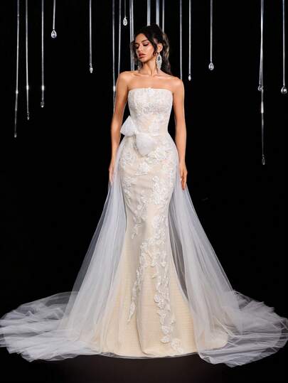 Glamrae Elegant Luxury Lace Splice Mesh Mermaid Tail Bridal Gown Flounce Long Train Wedding Dress Suitable For Wedding, Party, Prom