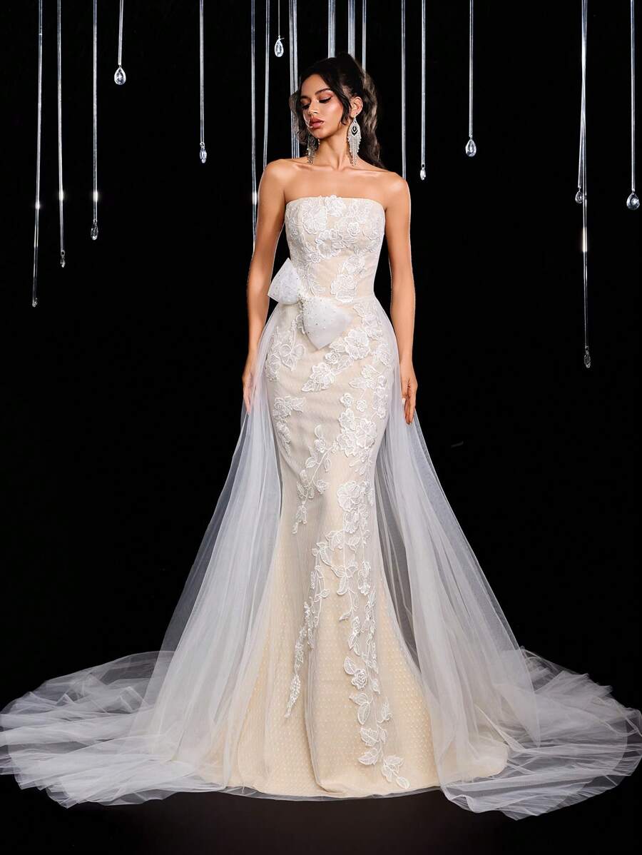 Glamrae Elegant Luxury Lace Splice Mesh Mermaid Tail Bridal Gown Flounce Long Train Wedding Dress Suitable For Wedding, Party, Prom - Beige - View 1