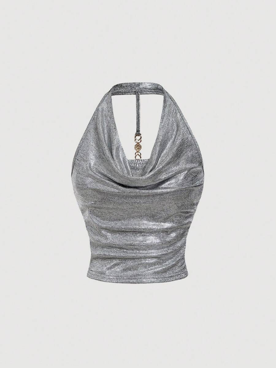 SHEIN MOD Elegant Plunging Neck Silver Glittery Sequin Women Top, Music Festival Wear - Silver - View 1