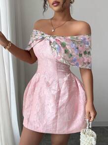 Elenzga Spring/Summer Off Shoulder Pink Butterfly Embroidered Lace Dress
