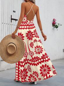 Breezaya Women's Vacation Casual Criss-Cross Backless A-Line Full Print Dress, Spring/Summer Women Summer Clothing