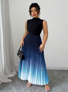 Elenzga Sleeveless High Neck Pleated Gradient Floral Print Plus Size Dress - Blue - View 3