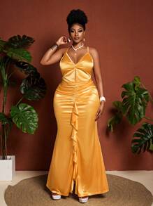 Maweii Vestido de talla grande elegante de unicolor y drapeado para mujer - Amarillo - Ver 1