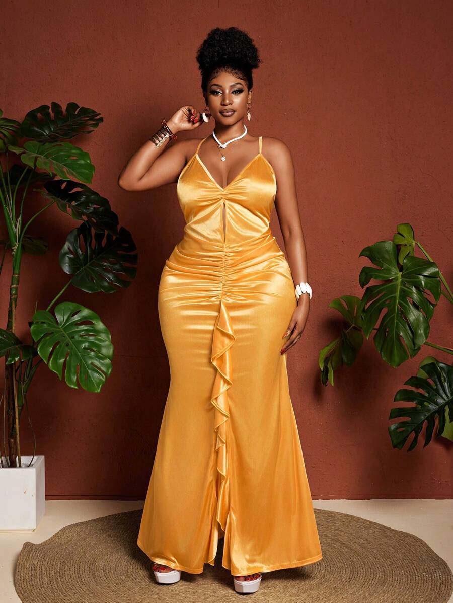 Maweii Vestido de talla grande elegante de unicolor y drapeado para mujer - Amarillo - Ver 1