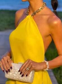 INAWLY Women's Fashion Casual Elegant Sexy Romantic Backless Halter Yellow Sleeveless Dress - Yellow - View 3