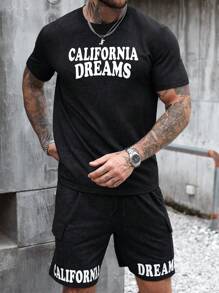 Manfinity LEGND Men Simple Printed Short Sleeve T-Shirt And Shorts 2 Pieces Set - Black - View 4