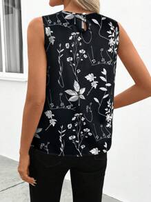 SHEIN Clasi Áo cánh nữ cổ tròn xếp ly không tay bó sát in họa tiết cây xanh, trang phục thường ngày thanh lịch cho mùa xuân/hè - màu đen - Xem 2
