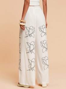 Travachic 女式夏季波西米亚风亚麻阔腿裤宽松花卉印花阔腿松紧腰雪纺裤，春夏休闲女式夏季裤子女式沙滩装夏季裤子狂欢装节日度假装女式夏季裤子女式春季装女式度假装 - 杏色 - 查看 2