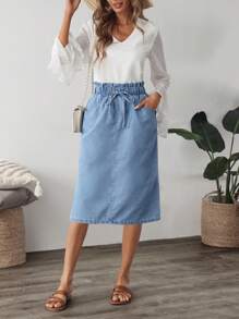 EMERY ROSE 女士休闲水洗抽绳腰牛仔迷你裙 - 藍色 - 查看 10