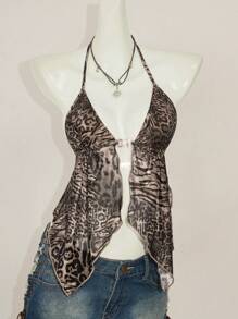 SHEIN ICON Vintage Leopard Print V-Neck Backless Halter Tank Top With Slit Hem - Multicolor - View 6