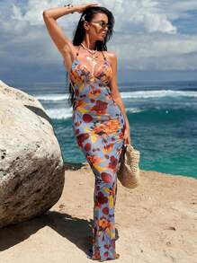 Bonvoyette Women's Floral Print Halter Neck Bodycon Cover Up Dress, Vacation Style For Summer