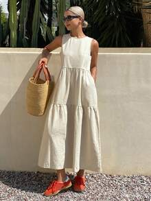 DAZY 新款春季度假牛仔连衣裙，适合女士/女孩夏季穿着，可作吊带裙 - 杏色 - 查看 3