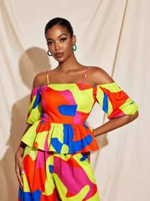 JIAN LASALA Summer Colorful All-Over Printed Peplum Tube Top With Lantern Sleeves Women Casual Vacation Beach Vacation Outfits European Summer Going Out Hawaii Outfits Women Ankara Tops Resort Wear Rave Outfits Festival Vintage Homecoming SXY Elegant - Multicolor - View 7