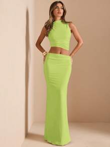 SHEIN BAE 2pcs Set: Spring/Summer White Sleeveless Asymmetric Twist Ruched Drape Neck Cami Top & Low Waist Ruched Pencil Skirt Knit Suit, For White Wedding Guest, Graduation, Vacation