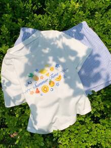 Comfortcana 2pcs Women Summer Letter & Pineapple Print Round Neck Short Sleeve T-Shirt And Striped Shorts Set