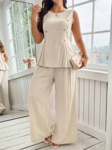 SHEIN Clasi Curve 加大码女装浪漫日常休闲度假杏色舒适透气面料圆领无袖腰部 A 字型修身上衣衬衫 + 松紧腰阔腿裤夏季两件套，女士教师装，女士两件套，2 件夏装，女士套装，夏季，女士夏装，度假，外出，女士夏装 - 杏色 - 查看 6