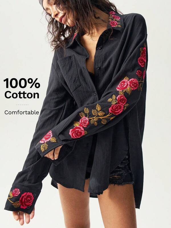 Bohemela Plus Size Floral Embroidered Minimalist Long Sleeve Shirt,Vintage