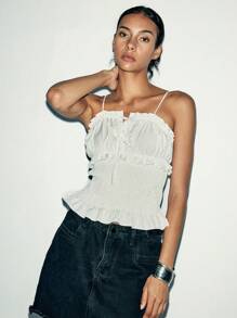 Lumivelle Top camisero sin mangas con drapeado elegante y romántico para mujer - Blanco - Ver 1