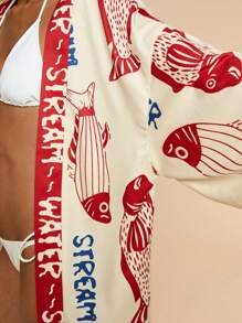 Travachic 夏季假日沙滩鱼字母印花和服罩衫，沙滩，秋冬季，新年，婚礼宾客，优雅毕业典礼，休闲，度假，夏季假日，外出，派对，沙滩，沙滩套装，夏季假日，西式，节日，春夏，红色 - 彩色 - 查看 7